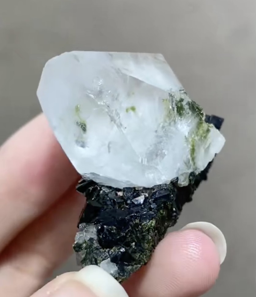 Quartz with Epidote Inclusions - Crystal on Forest-Green Epidote Matrix